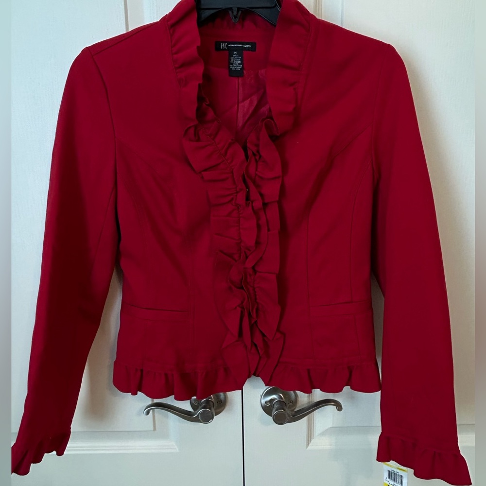 INC Red Ruffle Zip Up Blazer